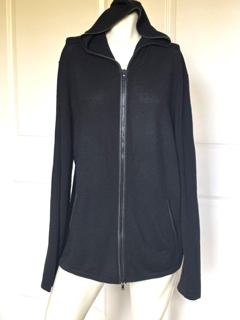 JOHN VARVATOS STAR USA BLACK MERINO WOOL BLEND LEATHER TRIM HOODIE SWEATER Sz:XL